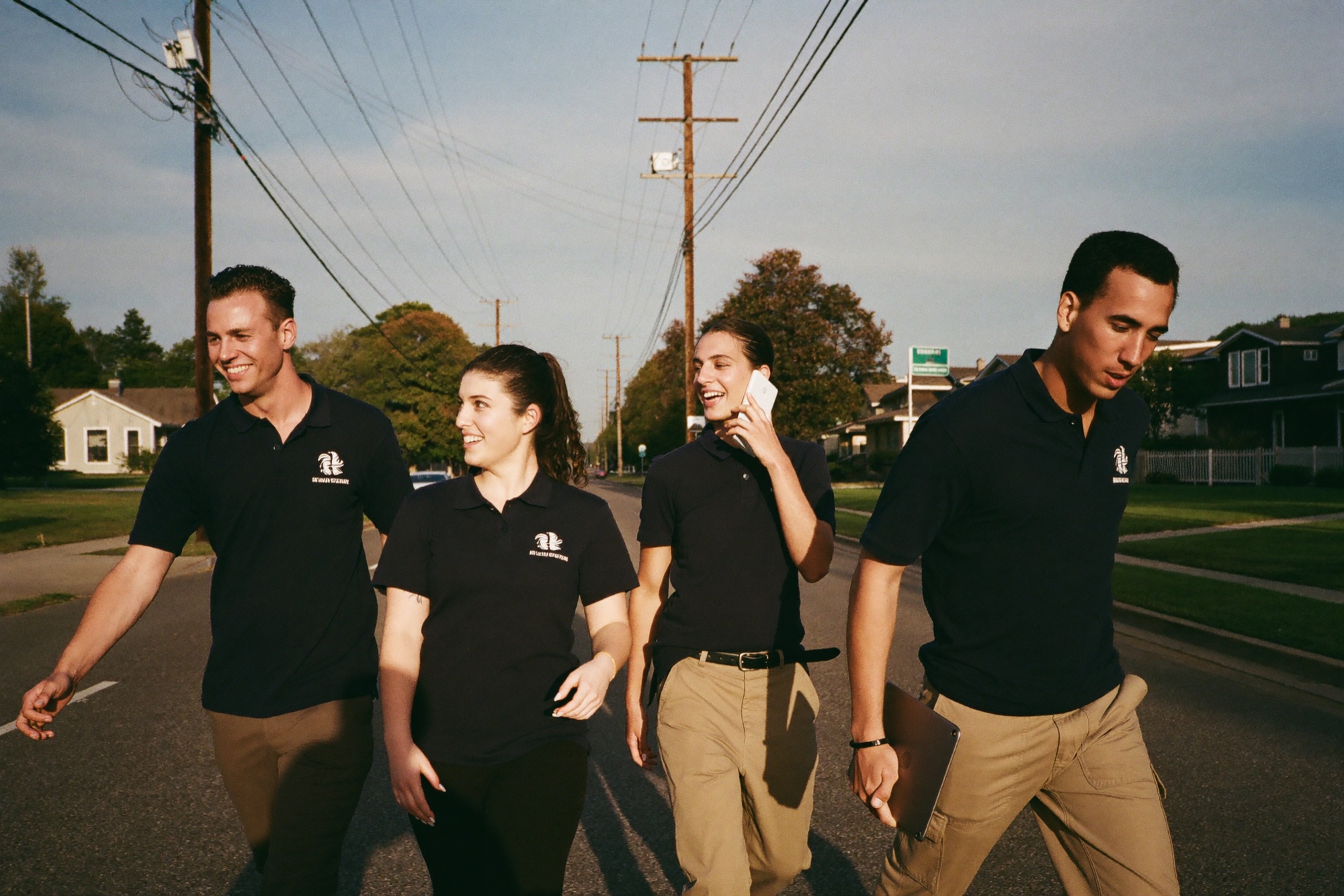 Four sales reps walking down a suburban street at golden hour